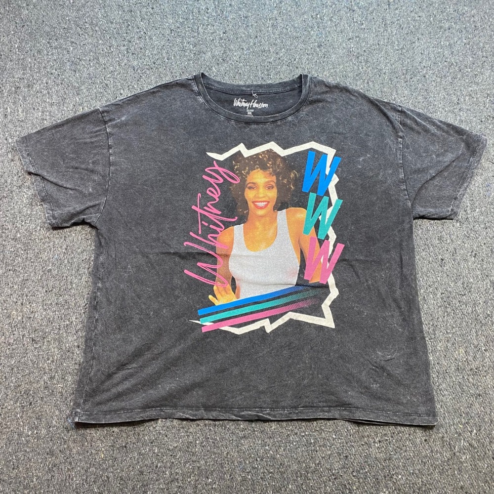Whitney Houston Graphic TShirt XXL Womens Black Retro 80s Style Mineral Wash Tee